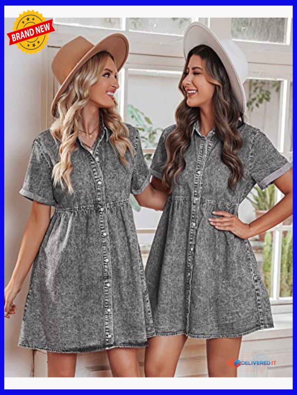 Denim Babydoll Tiered Swing Dress, Short Sleeve, Button Down, Cotton Blend - Picture 3 of 7